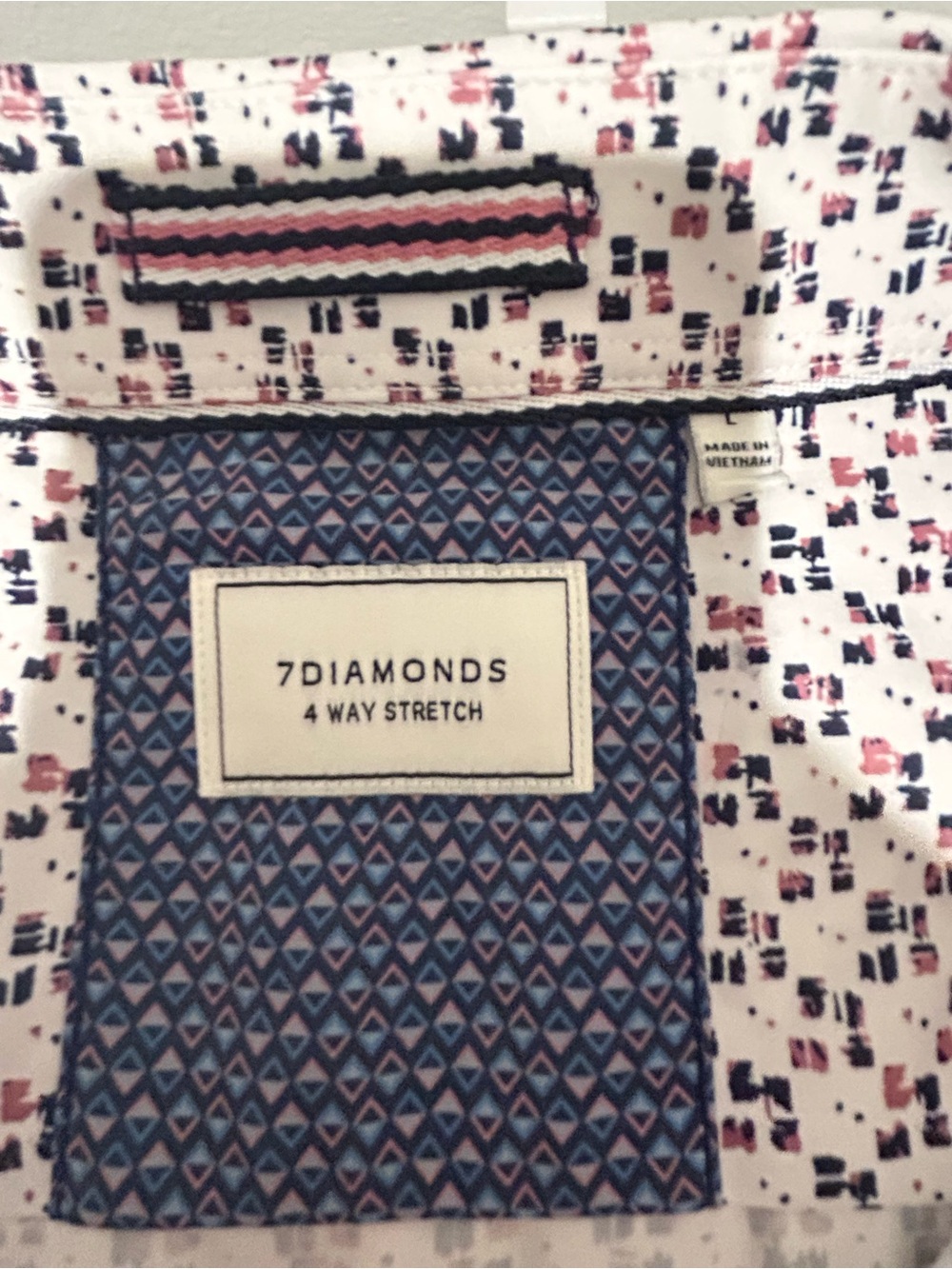 7 Diamonds White Button-Down Shirt with Blue and Red Geometric Print